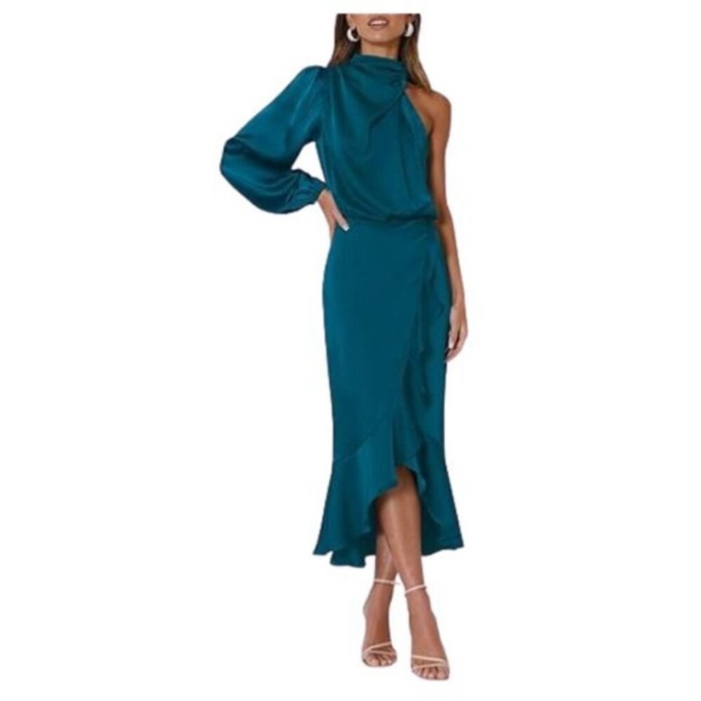 MITILLY Women's Blue Satin One-Shoulder Bodycon Mermaid Wrap Maxi
Dress L/ 0136